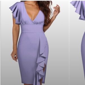 Deep V-neck lavender ruffle latin cocktail dress with sleeves removed
